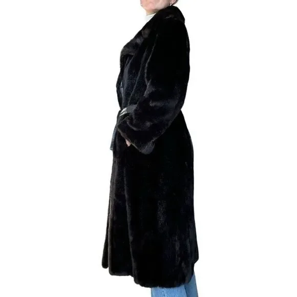 Vintage 70s Diamonte Faux Fur Coat Black Brown Mob Wife Size Medium Classic - Picture 3 of 10